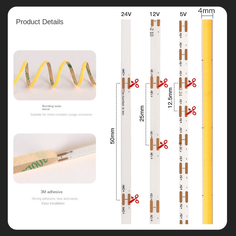 Bande LED COB ultra-mince de 4mm - sans clignotement CRI élevé