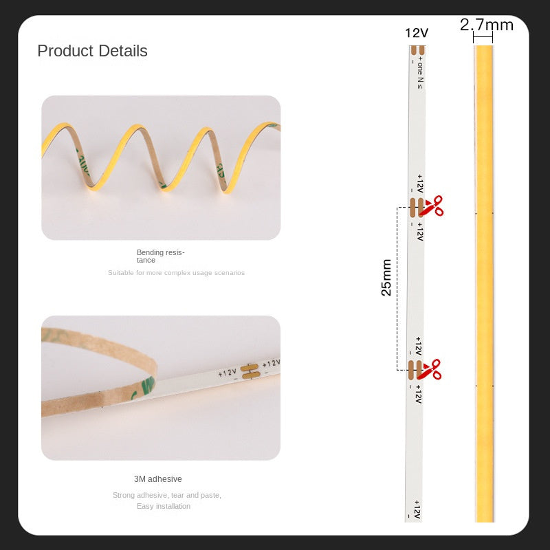 2.7mm COB LED Strip – Ultra-Slim, Soft White, 480 LEDs/m, Flicker-Free Accent Light 🔦 Perfect for fine detail lighting, compact designs, and smooth ambient glow