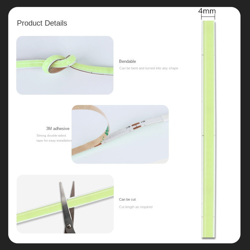 4mm COB LED Strip – Ultra-Low Power, 5V Battery-Operated, 1W/m DIY Lighting Solution 🔌 Designed for portable, USB, and low-power lighting projects