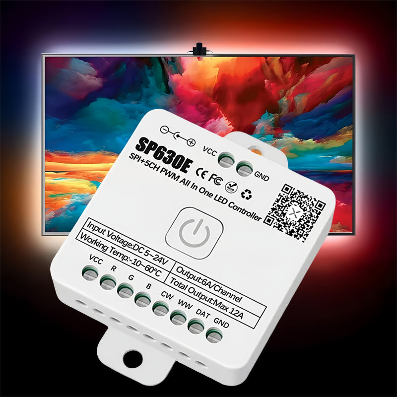 Bluetooth Music LED Controller – 5-in-1 RGB/RGBW LED Dimmer with PWM & SPI, Smart App Control for Colorful Light Strips