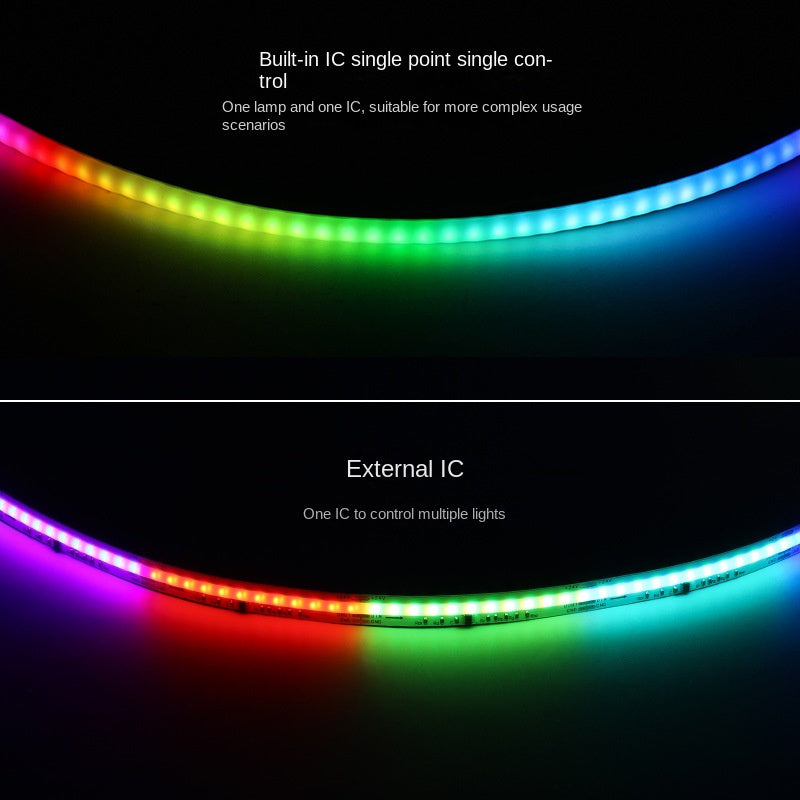 Bande LED COB RGB programmable 5mm - Effets de lumière en flux, IC intégré, adressable individuellement (basse tension 5V) 🌟 Créez des spectacles de lumière hypnotisants sous la forme la plus mince.