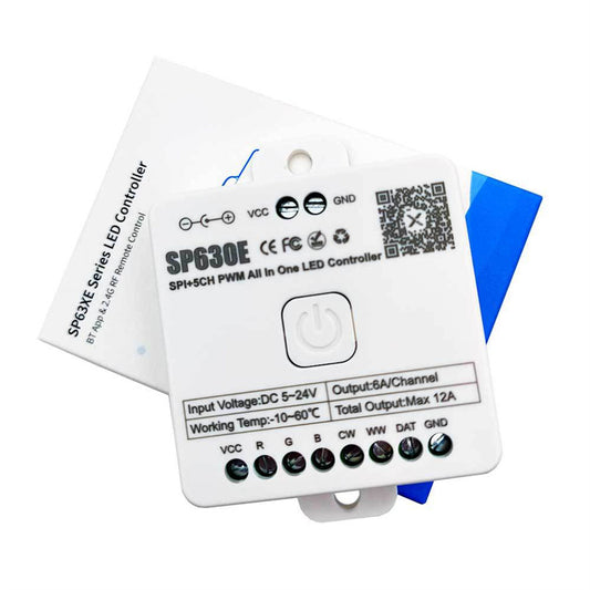 Bluetooth Music LED Controller – 5-in-1 RGB/RGBW LED Dimmer with PWM & SPI, Smart App Control for Colorful Light Strips