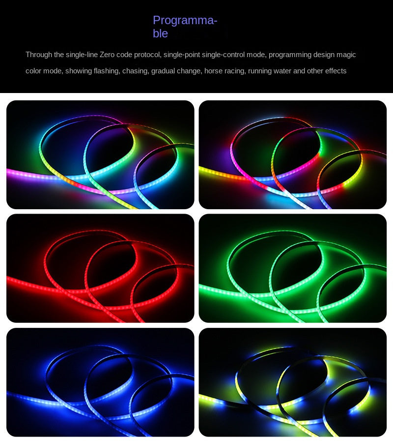 5mm Programmable COB RGB LED Strip โ Flowing Light Effects, Built-In IC, Individually Addressable (5V Low Voltage) ๐ Create mesmerizing light shows in the slimmest form.