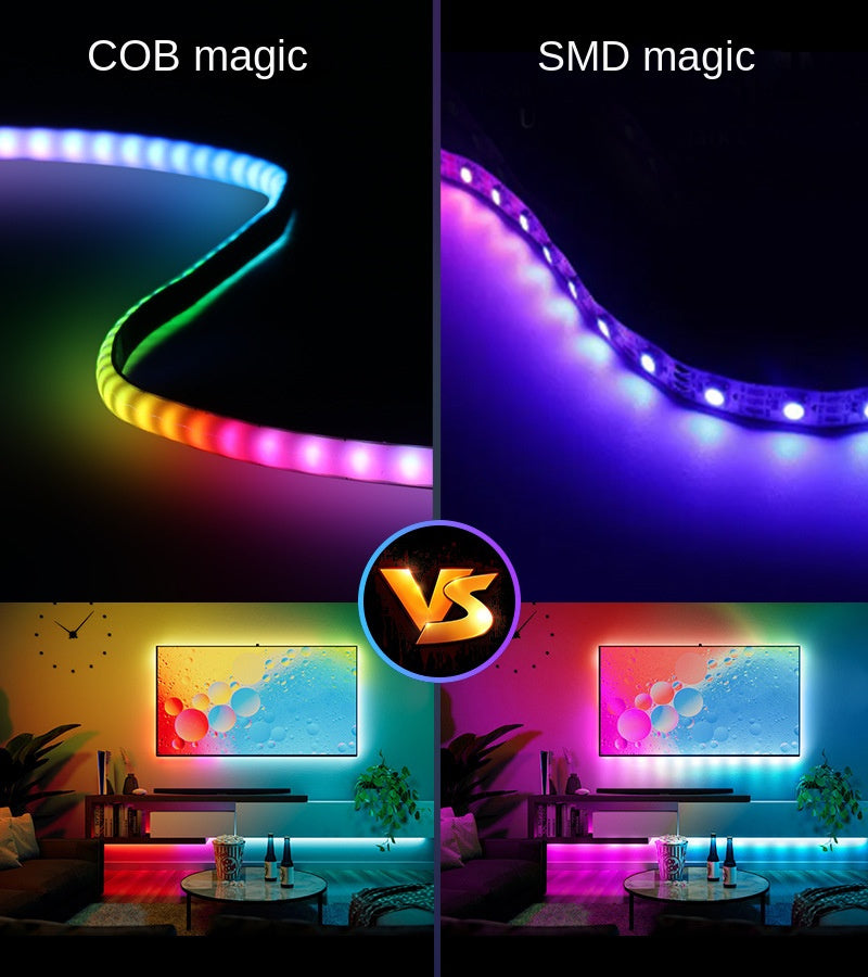 Bande LED COB RGB programmable 5mm - Effets de lumière en flux, IC intégré, adressable individuellement (basse tension 5V) 🌟 Créez des spectacles de lumière hypnotisants sous la forme la plus mince.