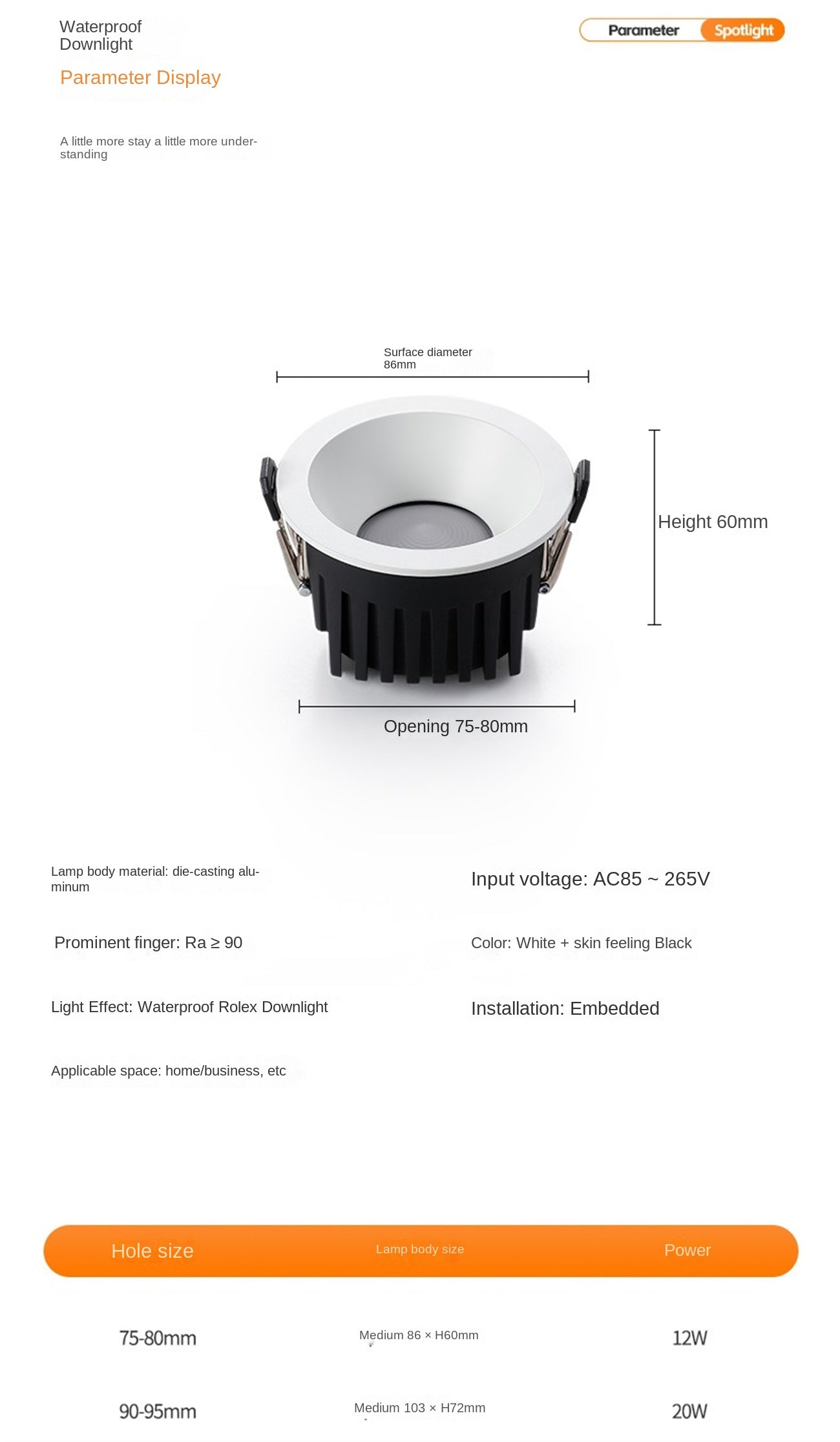 Customized IP65 waterproof tube light embedded in living room LED downlight bathroom cob deep cup eye protection waterproof Dazzling tricolor lighting