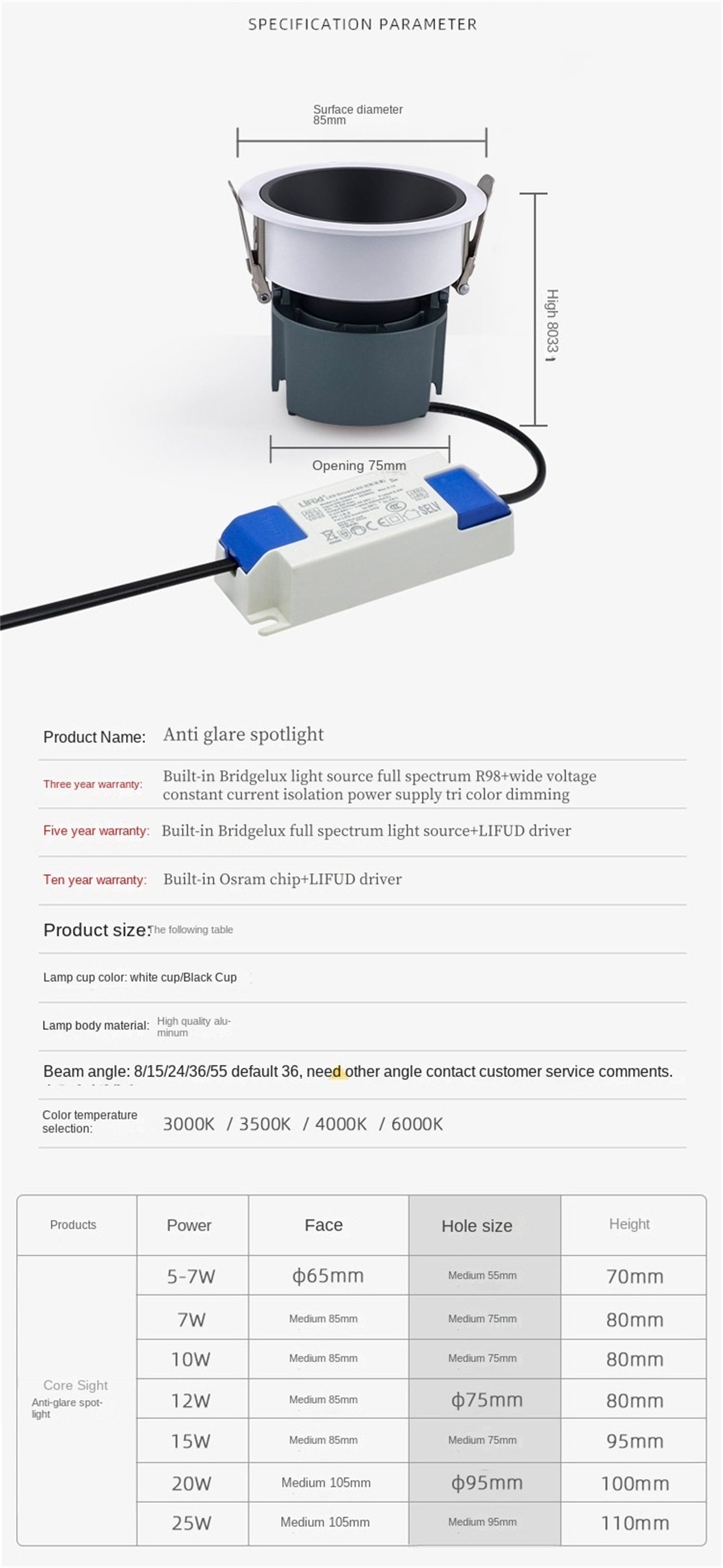 Full spectrum 98 eye protection anti-glare spotlight embedded small hill household narrow edge LED Wall cleaning spotlight three color intelligent dimming
