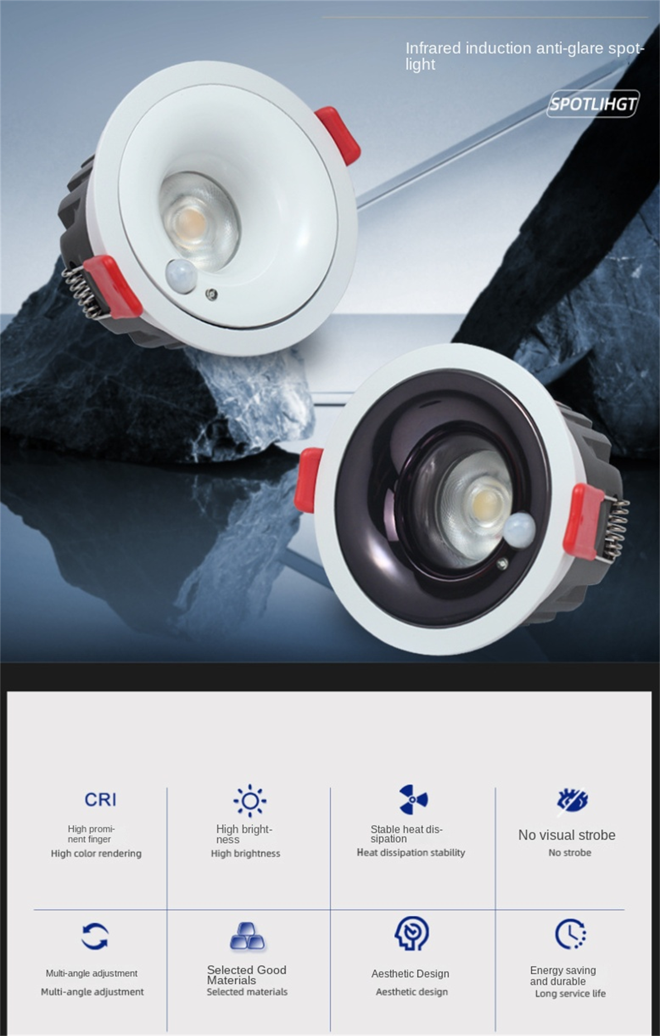 Human body sensing downlights led indoor downlights ceiling anti glare narrow frame embedded photo sensitive LED bulb for staircase corridor recessed downlights