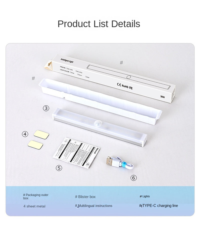 Smart Motion-Sensing LED Rechargeable Strip Light - Wireless Magnetic Adhesive Cabinet Wardrobe Lighting Bar