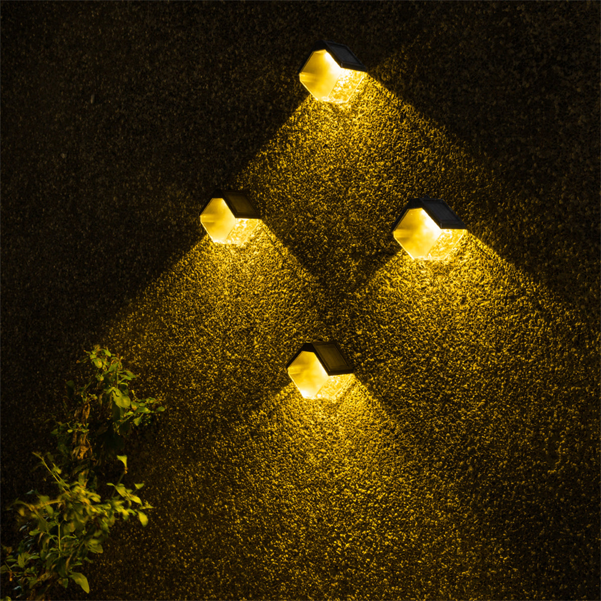 Solar garden hanging lights with ice brick design illuminated at night
