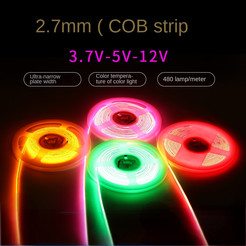 Ultra Slim RGB COB LED Strip Light – 2.7mm Width, 3.7V Super Bright Adhesive Light Strip, High CRI Ambient Lighting for DIY Decor