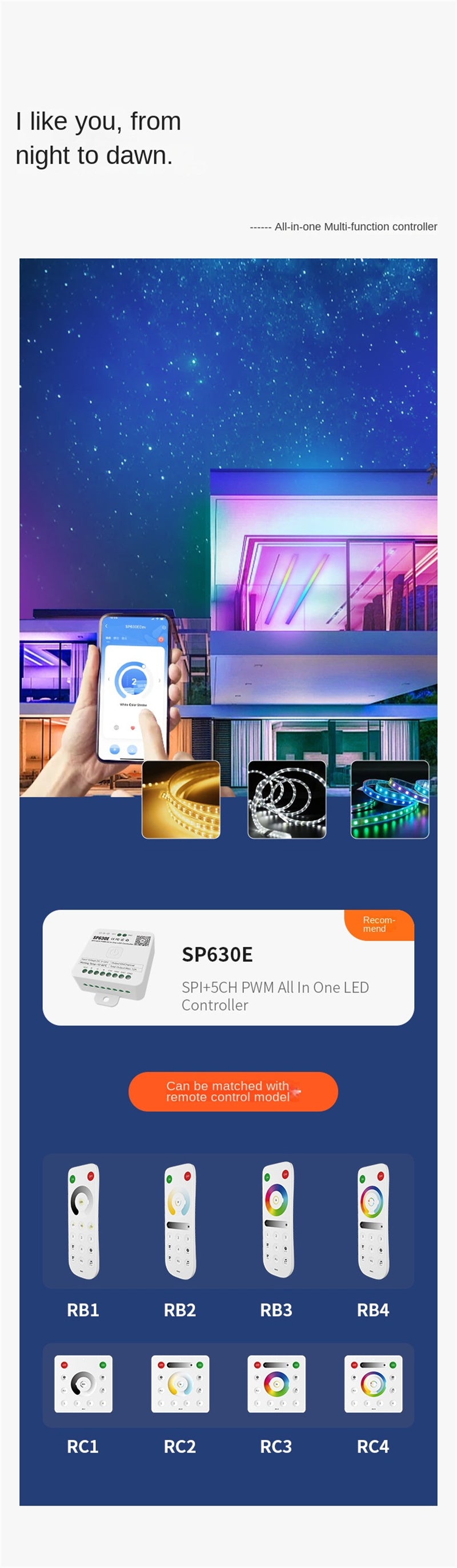 Bluetooth Music LED Controller – 5-in-1 RGB/RGBW LED Dimmer with PWM & SPI, Smart App Control for Colorful Light Strips