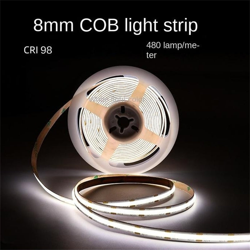 8mm COB LED Strip Light – 98 CRI Flicker-Free White Light, Low Voltage Adhesive LED Tape for Indoor Ambient & Task Lighting