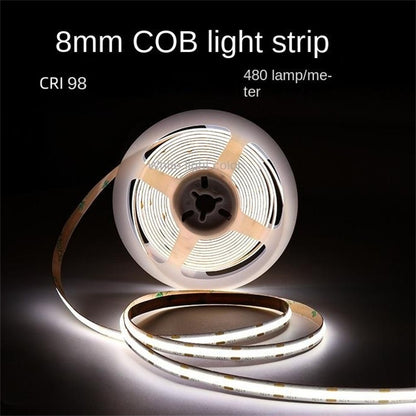 8mm COB LED Strip Light – 98 CRI Flicker-Free White Light, Low Voltage Adhesive LED Tape for Indoor Ambient & Task Lighting