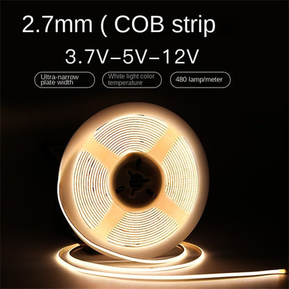 2.7mm COB LED Strip – Ultra-Slim, Soft White, 480 LEDs/m, Flicker-Free Accent Light  🔦 Perfect for fine detail lighting, compact designs, and smooth ambient glow