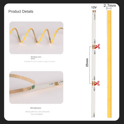 2.7mm COB LED Strip – Ultra-Slim, Soft White, 480 LEDs/m, Flicker-Free Accent Light  🔦 Perfect for fine detail lighting, compact designs, and smooth ambient glow