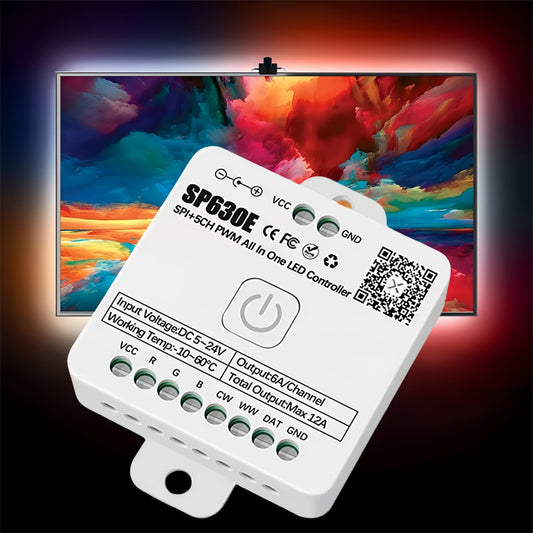 Bluetooth Music LED Controller – 5-in-1 RGB/RGBW LED Dimmer with PWM & SPI, Smart App Control for Colorful Light Strips