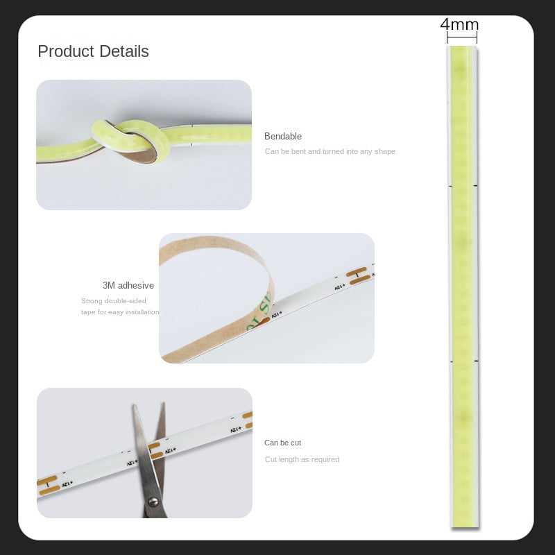4mm Ultra-Narrow COB LED Strip – 15000K Cool Glow, Flicker-Free, Flexible Ambient Light