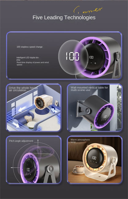 Smart 100-Speed Rechargeable Desk Fan 6" Turbo Circulator with Night Light & LED Display