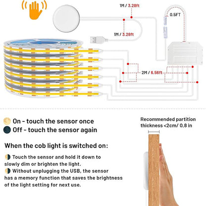 5V COB LED Strip Light Kit with Touch & Remote Sensor Control, 1-to-6