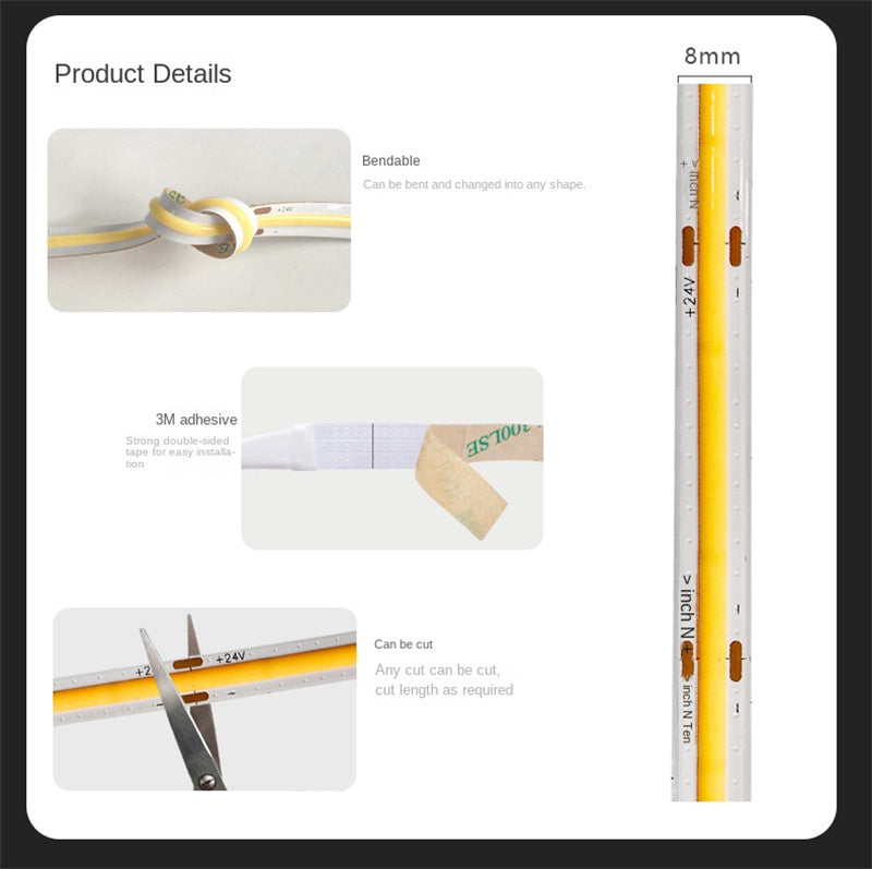 RGB COB LED Strip – 8mm Flicker-Free Ambient Decor