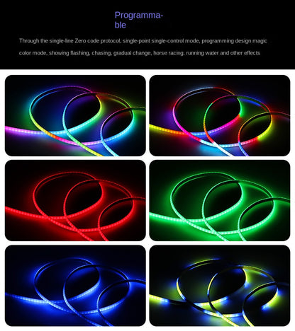 5mm Programmable COB RGB LED Strip – Flowing Light Effects, Built-In IC, Individually Addressable (5V Low Voltage) 🌟 Create mesmerizing light shows in the slimmest form.