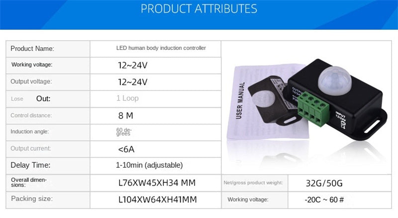 LED Motion Sensor Switch Controller – Infrared PIR Sensor for 12V/24V LED Strip Lights and Lamps