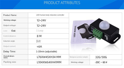 LED Motion Sensor Switch Controller – Infrared PIR Sensor for 12V/24V LED Strip Lights and Lamps