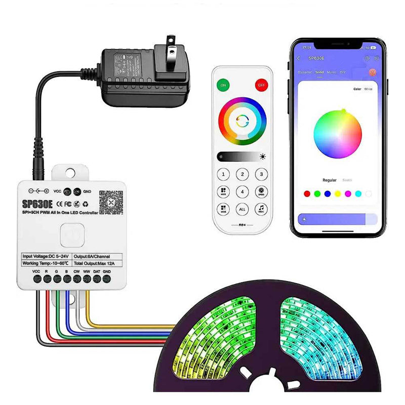 Bluetooth Music LED Controller – 5-in-1 RGB/RGBW LED Dimmer with PWM & SPI, Smart App Control for Colorful Light Strips
