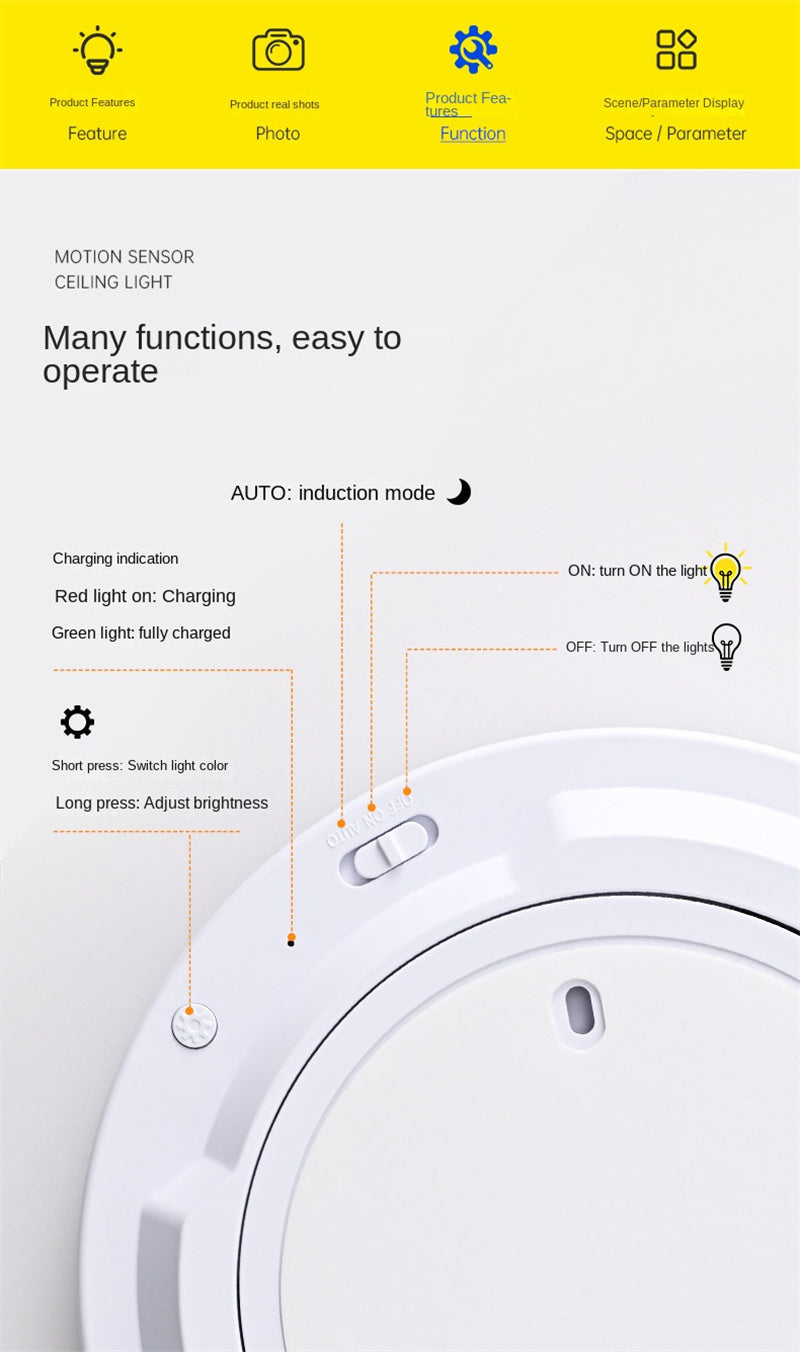 Rechargeable Wireless LED Ceiling Light with Radar Motion Sensor and Remote Control