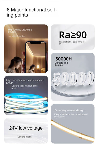 COB LED Strip Lights Low Voltage Linear Lighting, Ruban LED à température de couleur double encastré avec autocollant pour le plafond, éclairage ambiant principal sans lumière dans le salon