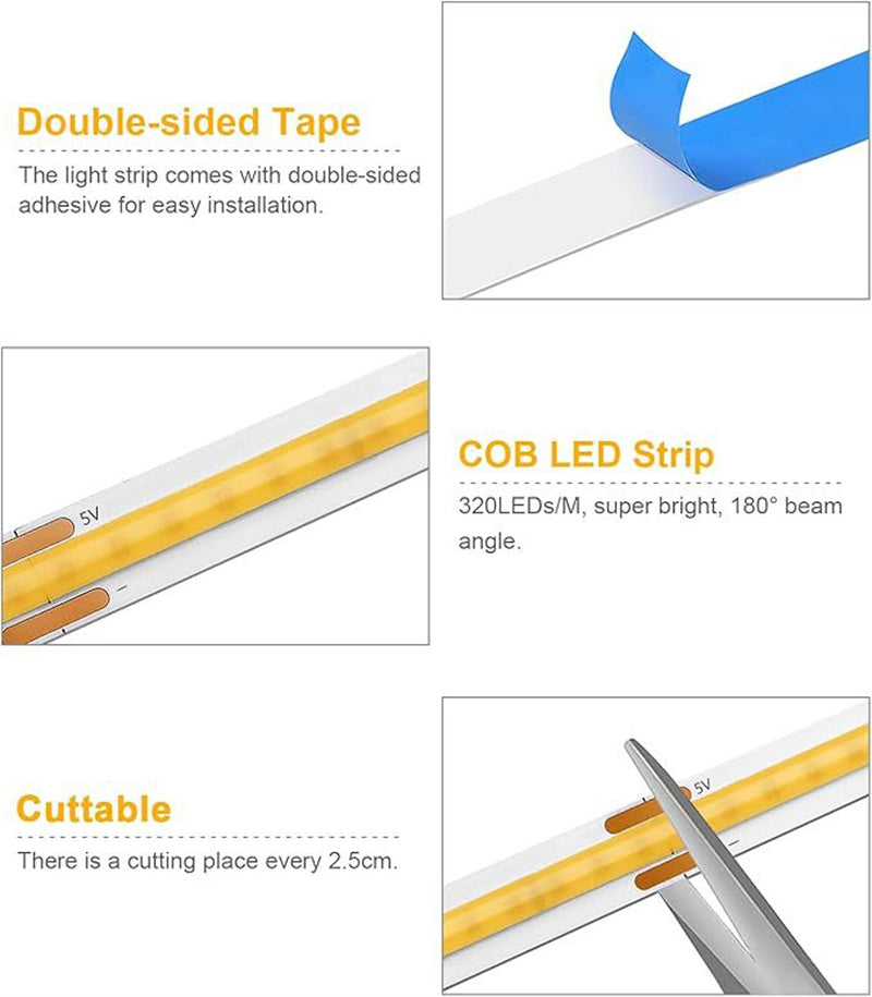 5V COB LED Strip Light Kit with Touch & Remote Sensor Control, 1-to-6