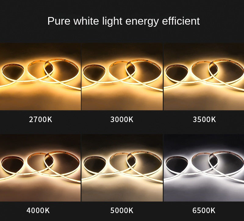 8mm COB LED Strip Light – 98 CRI Flicker-Free White Light, Low Voltage Adhesive LED Tape for Indoor Ambient & Task Lighting