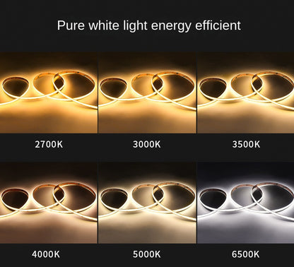 8mm COB LED Strip Light – 98 CRI Flicker-Free White Light, Low Voltage Adhesive LED Tape for Indoor Ambient & Task Lighting