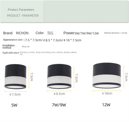 Side-Emitting Surface-Mounted LED Downlight · No-Cut Installation · 3-Color Switchable (Warm/Neutral/Cool) · 5W/7W/12W · Hallway, Bedroom, Living Room