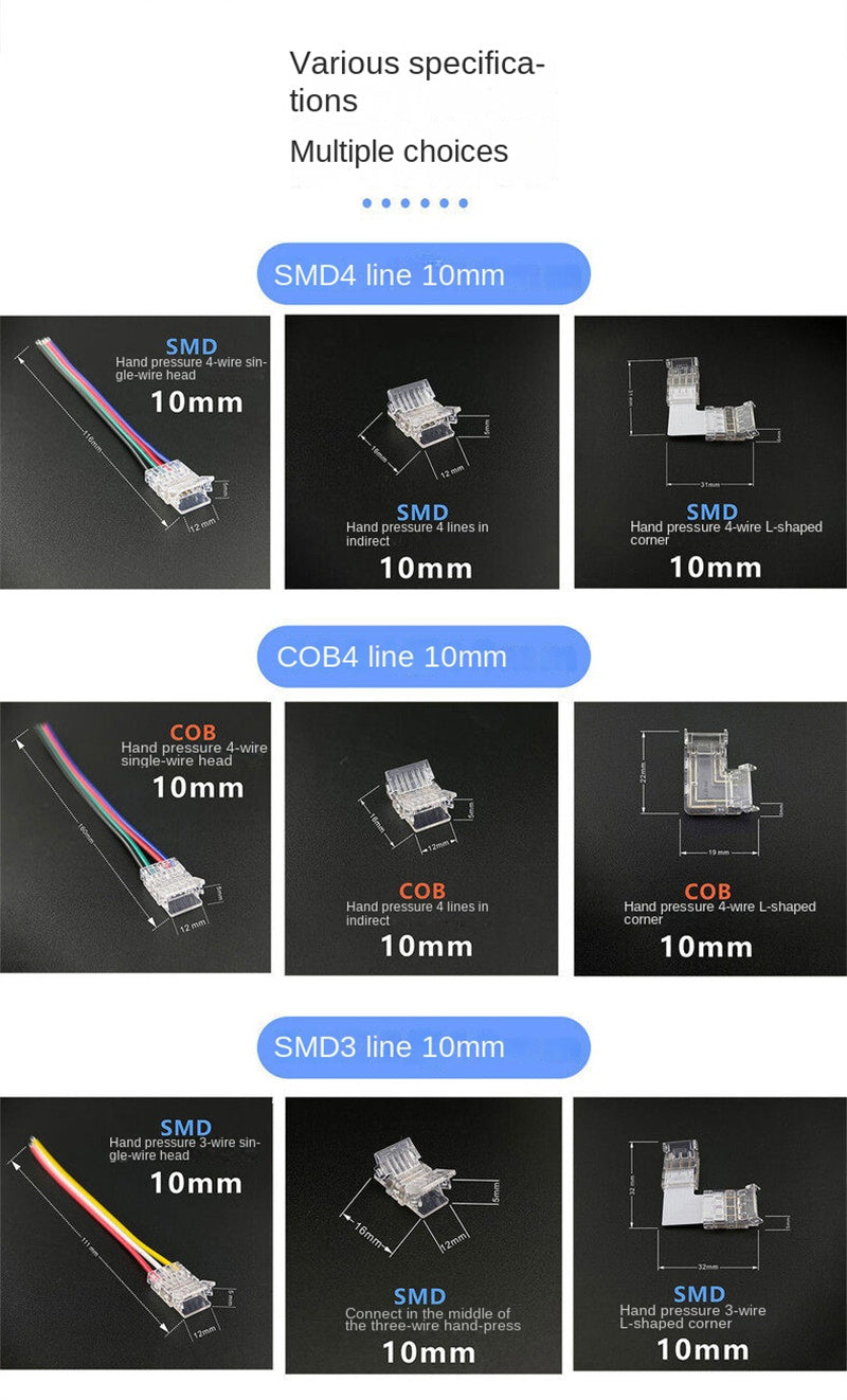 3-Pin Solderless Quick Connectors for CCT Dual-White & Chasing Flowing COB/SMD LED Strips – Ultra-Thin Transparent Clips