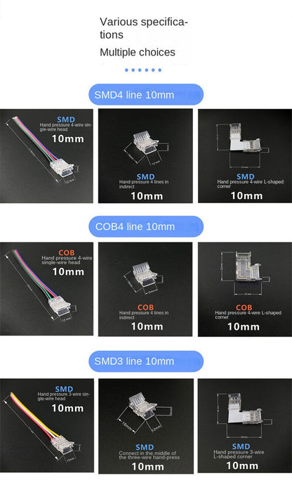 3-Pin Solderless Quick Connectors for CCT Dual-White & Chasing Flowing COB/SMD LED Strips – Ultra-Thin Transparent Clips