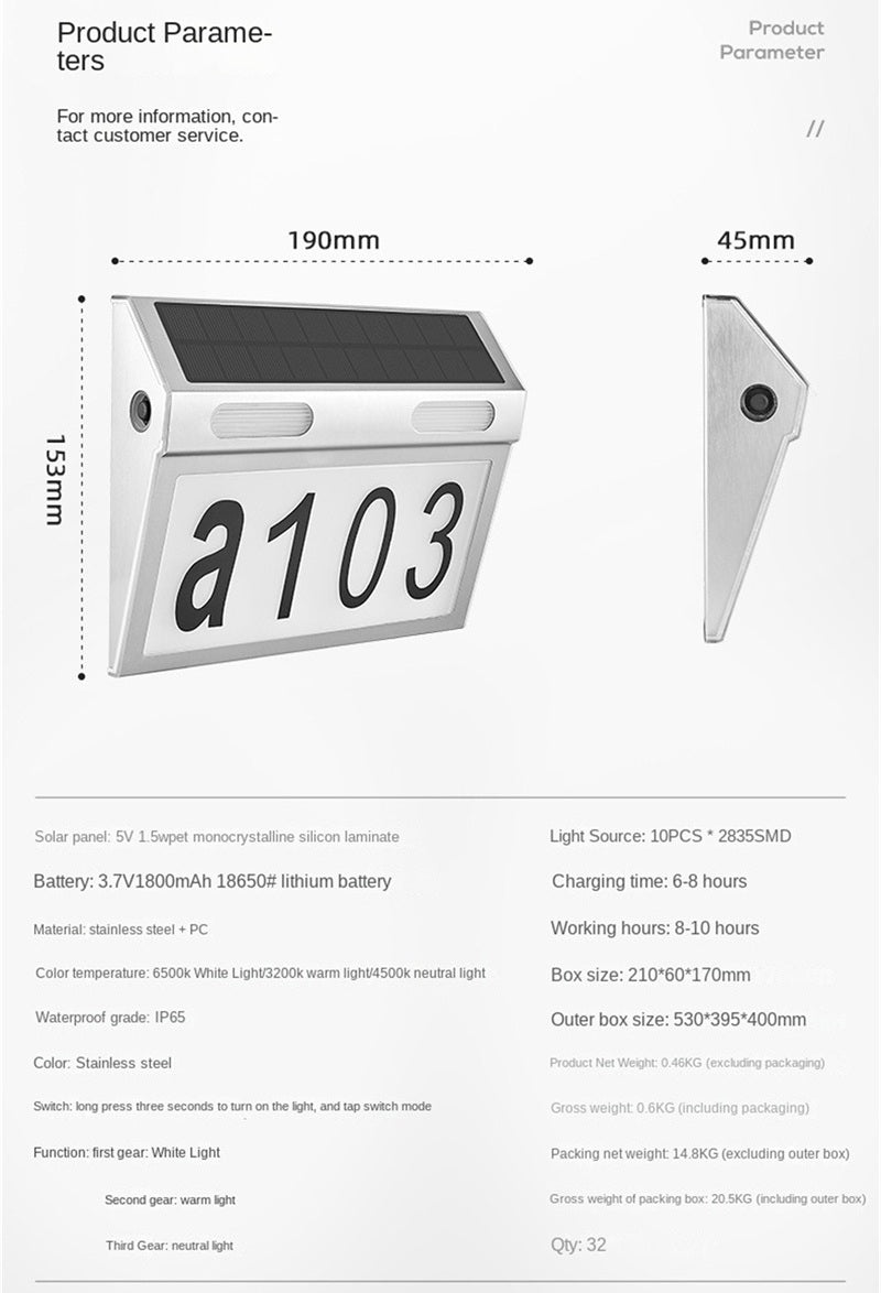 Solar Address Light – Bright LED House Number Lamp for Garage, Gate, Patio & Outdoor Walls