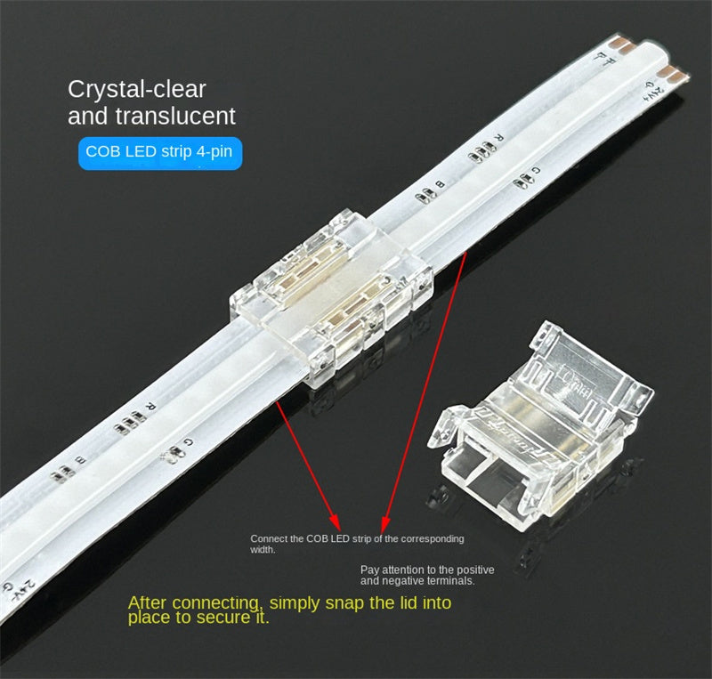 4-Pin Solderless Quick Connectors for 8mm & 10mm RGB COB/SMD LED Light Strips – Ultra-Thin Transparent Crystal Clips