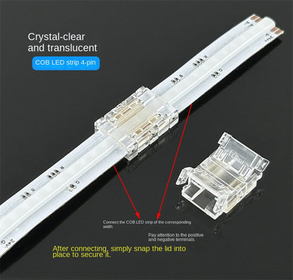 4-Pin Solderless Quick Connectors for 8mm & 10mm RGB COB/SMD LED Light Strips – Ultra-Thin Transparent Crystal Clips
