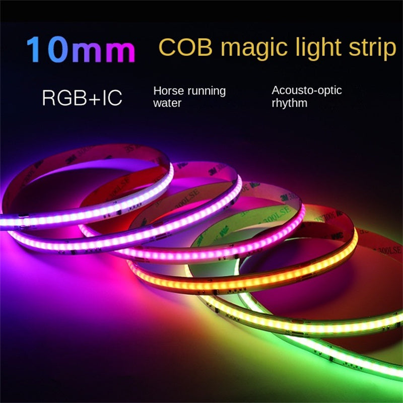 10mm RGBIC COB LED Light Strip – Programmable Chasing Flow Effect, Dotless Ambient Tape Lighting for DIY, or Home Decor.