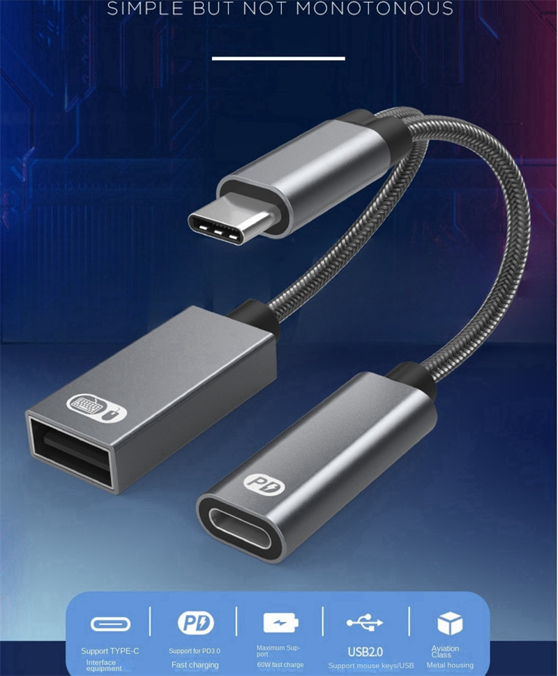 2-in-1 Multifunctional Adaptor 60W Fast Charging Type-C to USB OTG Converter Suitable for Apple 16 Connector