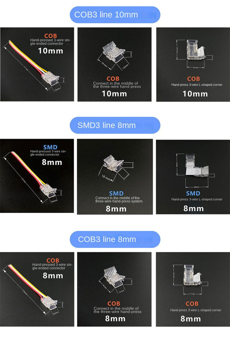 3-Pin Solderless Quick Connectors for CCT Dual-White & Chasing Flowing COB/SMD LED Strips – Ultra-Thin Transparent Clips
