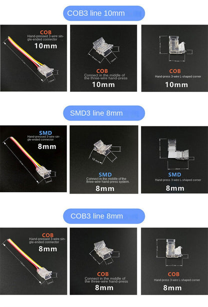 3-Pin Solderless Quick Connectors for CCT Dual-White & Chasing Flowing COB/SMD LED Strips – Ultra-Thin Transparent Clips
