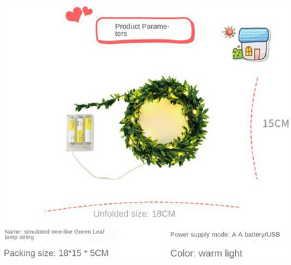 Creative simulation green leaf rattan LED copper wire light string Christmas wedding decoration DIY wreath battery box USB color light