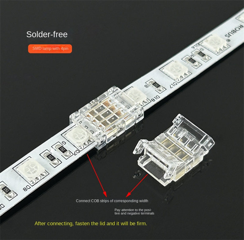 4-Pin Solderless Quick Connectors for 8mm & 10mm RGB COB/SMD LED Light Strips – Ultra-Thin Transparent Crystal Clips