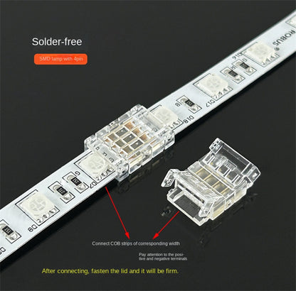 4-Pin Solderless Quick Connectors for 8mm & 10mm RGB COB/SMD LED Light Strips – Ultra-Thin Transparent Crystal Clips
