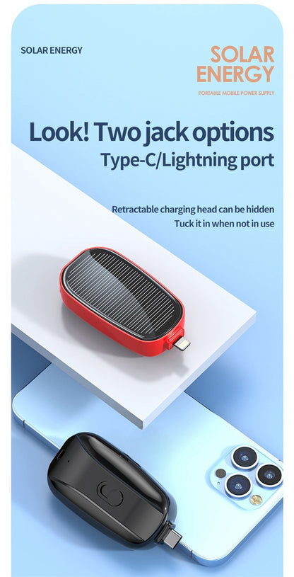 Mini Solar Wireless Power Bank - Portable Emergency Charger with Built-in Cables & Dual LED Flashlight