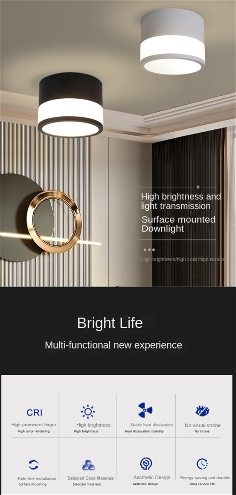 Side-Emitting Surface-Mounted LED Downlight · No-Cut Installation · 3-Color Switchable (Warm/Neutral/Cool) · 5W/7W/12W · Hallway, Bedroom, Living Room