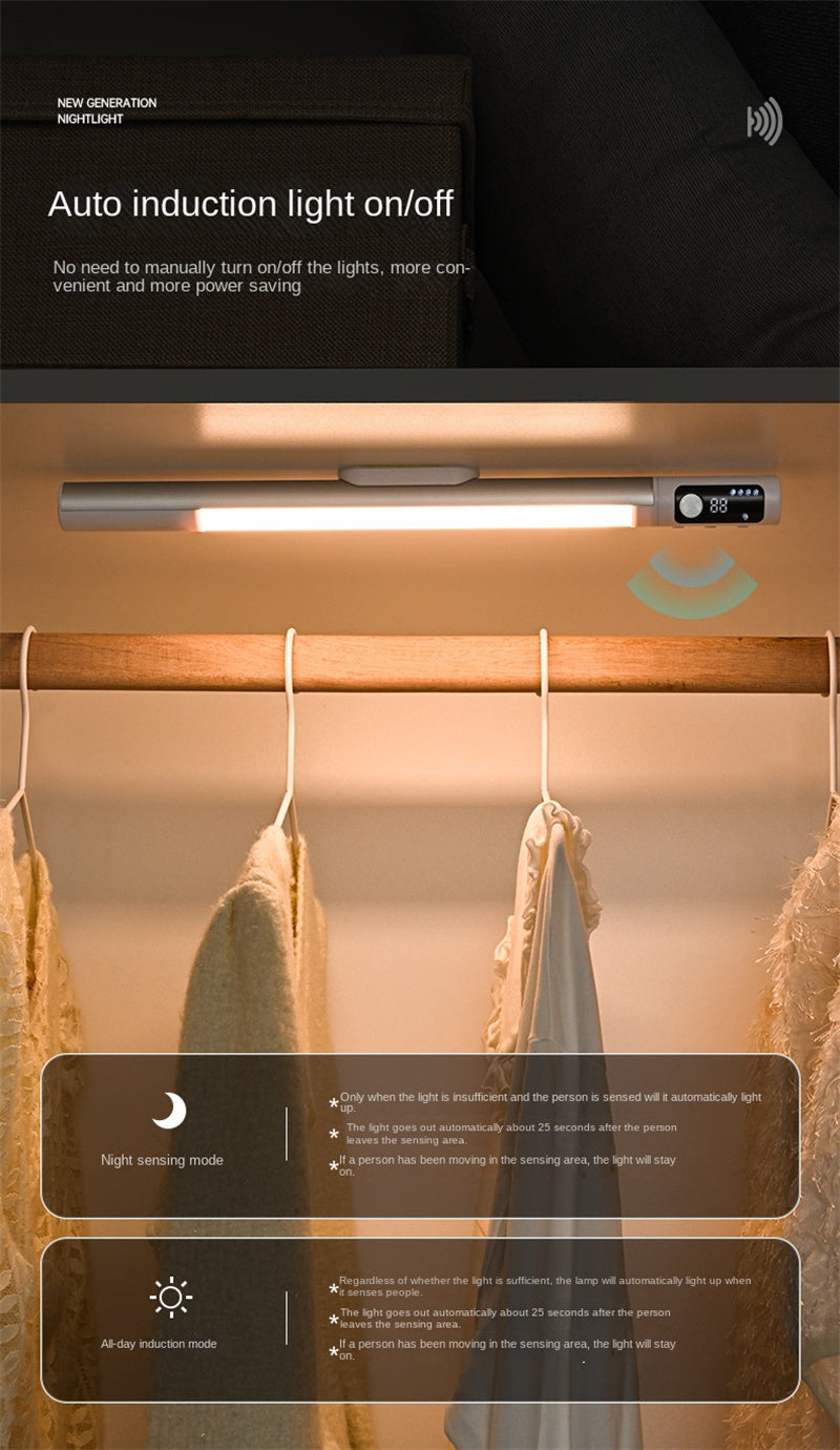 Smart Motion Sensor LED Light Strip Rechargeable Intelligent Digital Display Adjustable Sensing Angle Magnetic Closet Light for Wardrobe Cabinet & Wine Rack