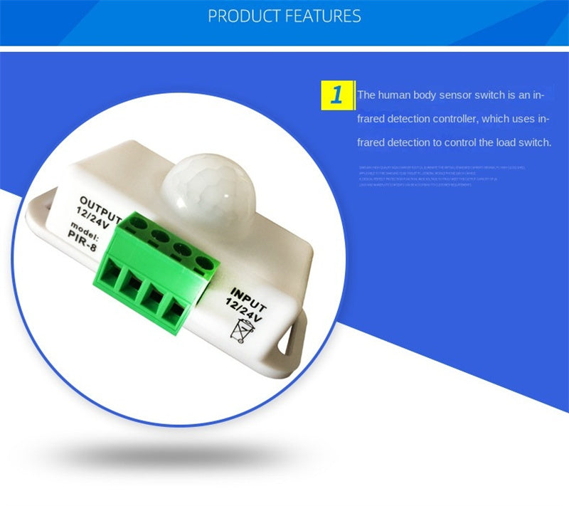 LED Motion Sensor Switch Controller – Infrared PIR Sensor for 12V/24V LED Strip Lights and Lamps
